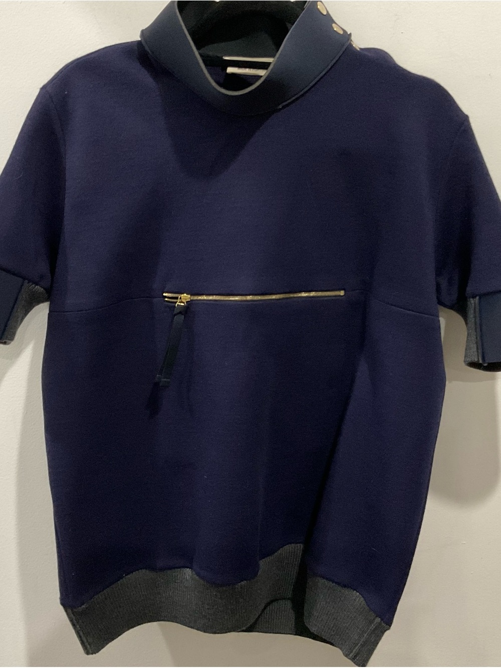 Marni Navy Short-Sleeve Crewneck Sweater with Gold Zip sz 42